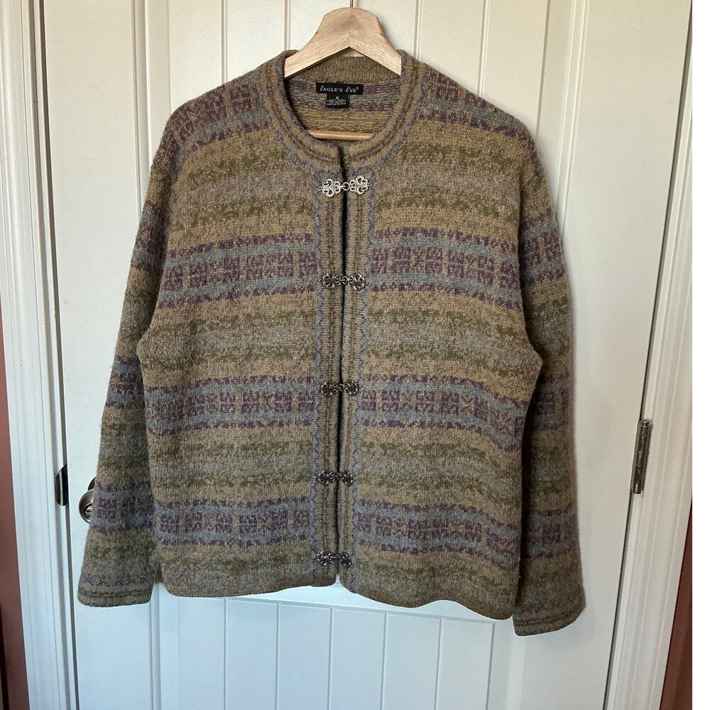 Vintage Eagle Eye Latch Hook Wool Cardigan Small Green/Blue